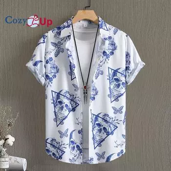 Модная мужская рубашка с короткими рукавами и черепом для мужчин, летняя рубашка S белый