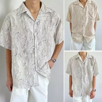 Модная мужская рубашка с нерегулярным узором, свободная блузка с коротким рукавом, летняя рубашка с нежелезными лацканами и пуговицами, повседневный топ для рабочей вечеринки, отпуска, пляжа L абрикосовый