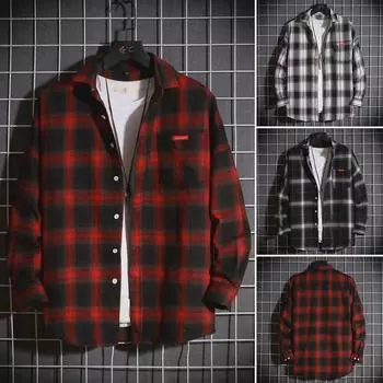 «Модная мужская рубашка в клетку с длинным рукавом — гонконгский стиль, осень/зима» XL