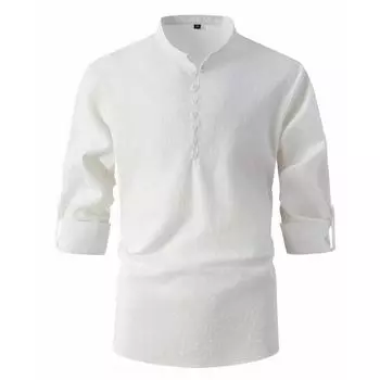 Модная мужская рубашка в стиле ретро весна-осень из хлопка и льна с воротником-стойкой, облегающая повседневная рубашка с длинными рукавами S белый
