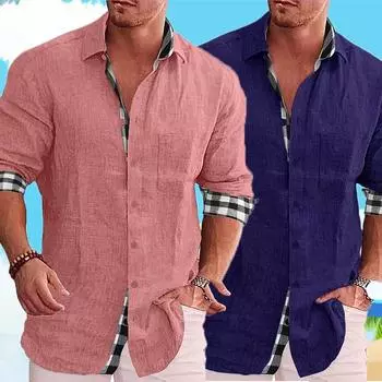 Модная мужская рубашка весна-осень из хлопка и льна с клетчатой вставкой, воротником-поло, пляжные рубашки с длинным рукавом S белый