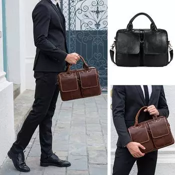 Модная мужская сумка через плечо в европейском и американском стиле в стиле ретро из натуральной кожи с несколькими карманами, деловой портфель из натуральной кожи, мужская сумка через плечо 36*8*25cm чёрный