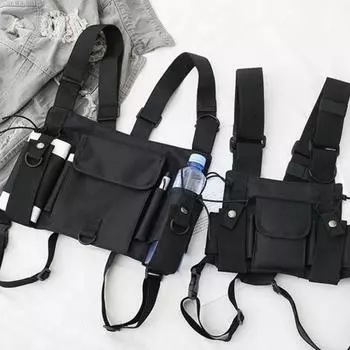 Модная мужская сумка с несколькими карманами и двойными ремнями, нейлоновая нагрудная сумка, жилет, уличная одежда S чёрный