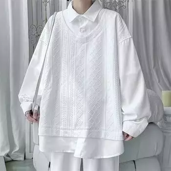 Модная мужская толстовка с капюшоном из двух частей, весна-осень, повседневные толстовки в стиле пэчворк, мужская рубашка с воротником, свободная уличная одежда, размер плюс 5XL 3XL белый