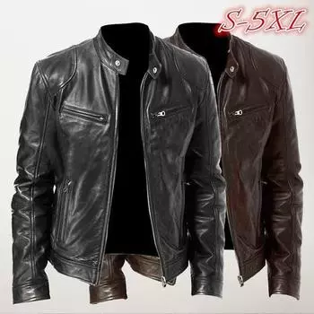 Модная мужская винтажная крутая мотоциклетная кожаная куртка, осенне-зимняя куртка с длинными рукавами, пальто с воротником-стойкой, Клубная куртка-бомбер, большие размеры 2XL чёрный