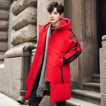 Модная мужская зимняя куртка-пуховик из белого утиного пера, средняя длина выше колена, сдержанный стиль, тонкий материал XS чёрный