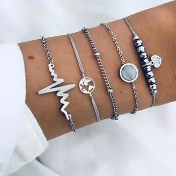 Модная ниша, простая многослойная карта, черные бусины, электрокардиограмма, инкрустированный бриллиантами браслет Love, набор из 5 предметов