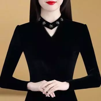 Модная нижняя рубашка с длинными рукавами, новый черный топ для женщин, осенне-зимняя однотонная футболка с v-образным вырезом, M-5XL XL чёрный