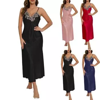 Модная ночная рубашка, женская шелковая юбка из ледяного шелка, тонкая сексуальная имитация шелка, летние ночные рубашки с открытой спиной L чёрный