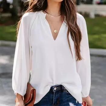 Модная новая блузка с длинным рукавом и V-образным вырезом для женщин, осенняя элегантная свободная повседневная женская рубашка, винтажные плиссированные простые белые офисные женские топы 24679 S чёрный
