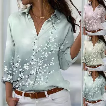 Модная новая блузка с персиковым принтом больших размеров для женщин, топы с V-образным вырезом и длинным рукавом, офисная свободная рубашка для женщин, винтажные элегантные рубашки с цветочным принтом на пуговицах 24665 S светло-зеленый