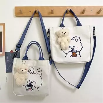 модная новая холщовая сумка на плечо, милый медведь, кролик, мультяшная сумка для покупок, модная студентка, девушка, сумки через плечо, кошелек для женщин 23.5x23.5x5cm