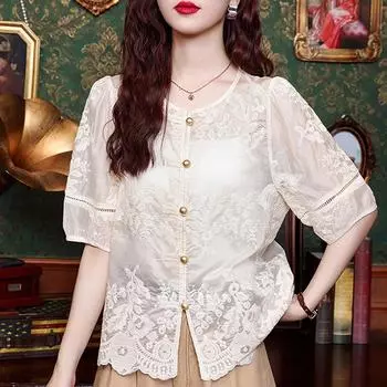 Модная новая летняя блузка с коротким рукавом и круглым вырезом с вышивкой, женская рубашка, топы J404 S