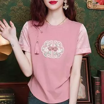 Модная новая летняя футболка в китайском стиле с коротким рукавом и круглым вырезом с вышивкой и кисточками для женщин, топы, футболки J405 S розовый
