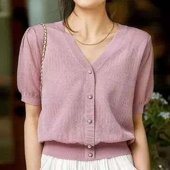 Модная новая летняя повседневная трикотажная рубашка с коротким рукавом и V-образным вырезом для женщин J406 One Size розовый