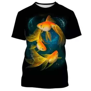 Модная новая мужская футболка с принтом «Золотая рыбка» с уличными элементами, с круглым вырезом, с короткими рукавами, модный топ больших размеров S
