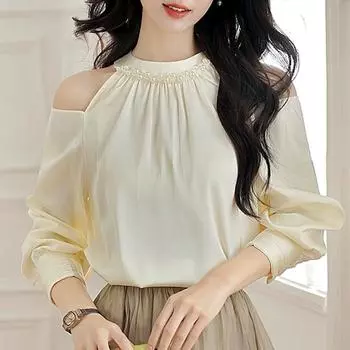 Модная новая осенняя блузка с длинным рукавом и круглым вырезом, с милым бисером, шифоновая рубашка, женские топы с открытыми плечами J412 S абрикосовый