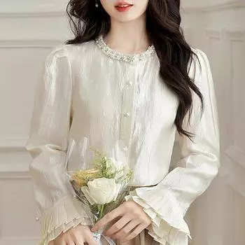 Модная новая осенняя повседневная шифоновая блузка с длинным рукавом и круглым вырезом, женская верхняя одежда J411 S абрикосовый