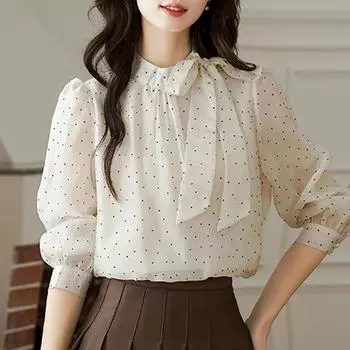 Модная новая осенняя шифоновая блузка с длинным рукавом и бантом на шнуровке со стоячим воротником в горошек, женская блузка J414 S абрикосовый