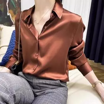 Модная новая повседневная атласная блузка с длинным рукавом, женская элегантная простая однотонная свободная рубашка для женщин, застегивающаяся на пуговицы, облегающие офисные женские блузки и топы 25677 S белый