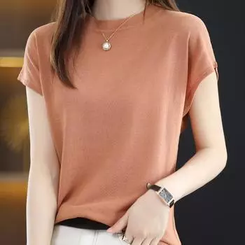 Модная новая повседневная футболка с коротким рукавом и облегающим кроем, женские летние топы с круглым вырезом, элегантные трикотажные футболки, женские простые свободные футболки 26041 One Size абрикосовый