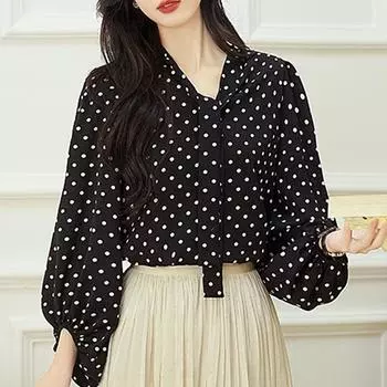 Модная новая повседневная шифоновая блузка с длинным рукавом и бантом на шнуровке в горошек, женская блузка J409 S чёрный