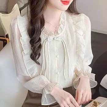 Модная новая повседневная шифоновая блузка с длинным рукавом и оборками, женские топы J402 S абрикосовый