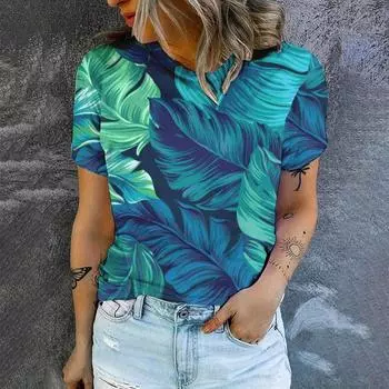 Модная новая повседневная удобная футболка с круглым вырезом, летняя дышащая свободная высококачественная футболка 2024 года с принтом в виде листьев, женская футболка S