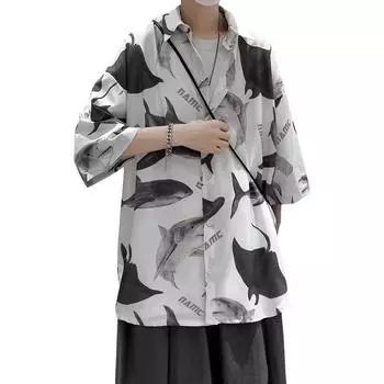 Модная новая рубашка в виде акулы, мужская летняя рубашка в гонконгском стиле, универсальная свободная рубашка с короткими рукавами и принтом в стиле хип-хоп, студенческая M белый