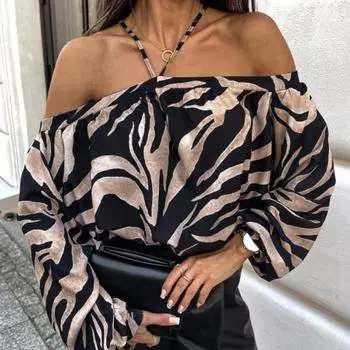 Модная новая сексуальная блузка с принтом зебры и вырезом-лодочкой, женская блузка с длинным рукавом, облегающая повседневная рубашка с открытыми плечами, женская элегантная винтажная блузка с леопардовым принтом 25610 S красный