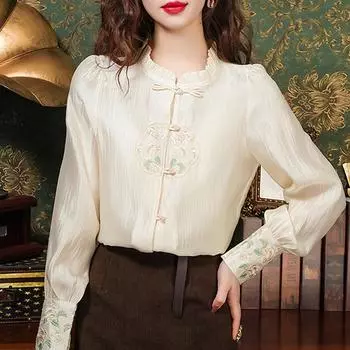 Модная новая шифоновая блузка с длинным рукавом в китайском стиле с вышивкой, женская рубашка J399 S абрикосовый
