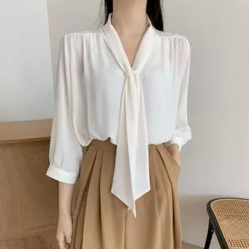 Модная новая свободная белая шифоновая рубашка с бантом на воротнике для женщин, осенняя элегантная офисная женская повседневная блузка, винтажная простая облегающая женская блузка и топы 25335 One Size