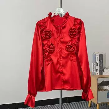 Модная новая свободная повседневная рубашка с длинным рукавом, женская элегантная однобортная блузка с цветочным принтом, женский топ, винтажный воротник поло, офисные женские рубашки 25807 S чёрный