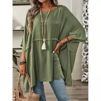 Модная новая свободная повседневная рубашка с рукавами «летучая мышь», женская элегантная блузка с круглым вырезом и однотонным принтом больших размеров для женщин, летняя простая офисная женская рубашка, топы 25905 S зелёный