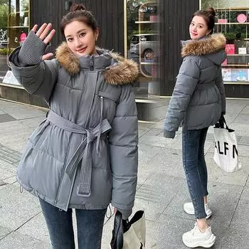 Модная новая талия и тонкая хлопковая одежда из Гонконга, хлопковая подкладка, зимняя утолщенная теплая куртка с большим меховым воротником в Корейском стиле M чёрный
