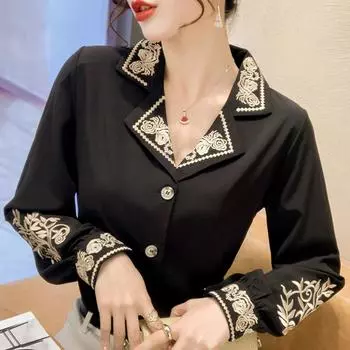 Модная новая весна осень с длинным рукавом и вышитым воротником черная белая блузка рубашка женские топы J378 S белый