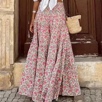 Модная новая винтажная юбка с цветочным принтом, женская высокая талия, элегантная трапециевидная повседневная юбка, женская летняя пляжная свободная женская длинная рубашка, женская одежда 24351 S розовый