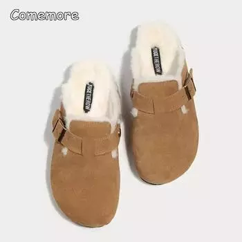 Модная новая женская хлопковая обувь на платформе, 2024, замшевые теплые шлепанцы, пушистые пушистые женские тапочки, зимние плюшевые туфли без каблуков на меху, 40 40 коричневый