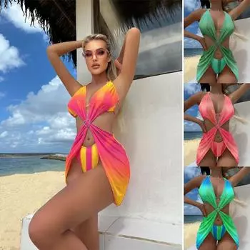 Модная новая женская полосатая градиентная сетчатая юбка из трех частей, бикини, купальники, сексуальный купальник с открытой спиной, пляжный купальник для отдыха S жёлтый