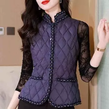 Модная новинка 2024 года, зимняя безрукавка, куртка с воротником-стойкой, тонкая черная куртка из пуха и хлопка, жилеты, пальто, женские топы J820 S чёрный