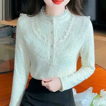 Модная новинка 2024 года, зимняя блузка с длинным рукавом и воротником-стойкой, с оборками, из абрикосового бархата, кружевная блузка, женская рубашка, топы, блузки, рубашки J812 S абрикосовый