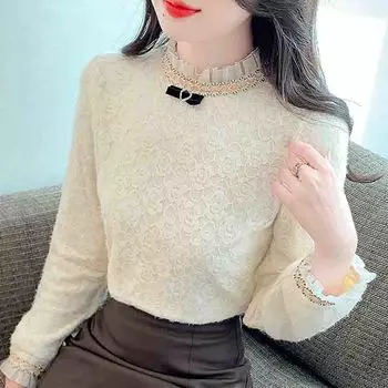 Модная новинка 2024 года, зимняя блузка с длинным рукавом и воротником-стойкой, тонкая абрикосовая бархатная кружевная блузка, женская рубашка, топы, блузки, рубашки J801 S абрикосовый