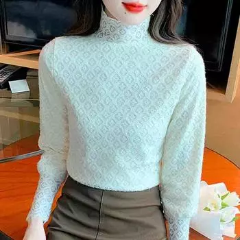 Модная новинка 2024 года, зимняя блузка с длинным рукавом и полувысоким воротником, тонкая абрикосовая бархатная кружевная блузка, женская рубашка, топы, блузки, рубашки J794 S абрикосовый