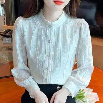 Модная новинка 2024 года, зимняя блузка с длинным рукавом и воротником-стойкой, абрикосового цвета, кружевная блузка, женская рубашка, топы, блузки, рубашки J793 S абрикосовый