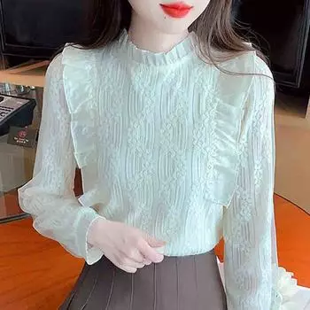 Модная новинка 2024 года, зимняя блузка с длинным рукавом, воротником-стойкой, тонкая абрикосовая оборка, бархатная кружевная блузка, рубашка, женские топы, блузки, рубашки J779 S абрикосовый
