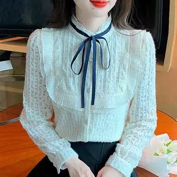 Модная новинка 2024 года, зимняя блузка с длинным рукавом, воротником-стойкой, оборками, абрикосовым бархатом, кружевом, рубашка, женские топы, блузки, рубашки J788 S абрикосовый