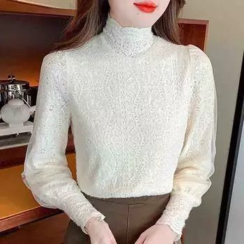 Модная новинка 2024 года, зимняя блузка с длинным рукавом и полувысоким воротником из абрикосового бархата, кружевная рубашка, женские топы, блузки, рубашки J773 S абрикосовый