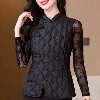 Модная новинка 2024 года, зимняя черная безрукавка в китайском стиле, куртка с воротником-стойкой, пуховая и хлопковая куртка, пальто, женские топы J821 S чёрный