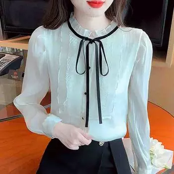 Модная новинка 2025 года, зимняя блузка с длинным рукавом и воротником-стойкой, абрикосовая бархатная шифоновая блузка, рубашка, женские топы, блузки, рубашки J783 S абрикосовый