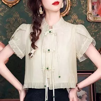 Модная новинка, летняя шифоновая блузка в китайском стиле с коротким рукавом и воротником-стойкой, с вышивкой, женская рубашка J388 S абрикосовый